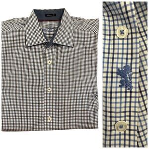 Bugatchi Uomo Men’s Dress Shirt Blue Check Flip Cuff Spread Collar